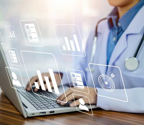 Doctor using computer Document Management System (DMS), online documentation database process automation to efficiently manage files