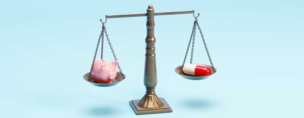 Conceptual image of a justice scale with a piggy bank and an oversized pharmaceutical pill to symbolize concepts around new laws, legislations and regulations around the pharmaceutical industry and pricing of their medicine. healthcare pricing concept.