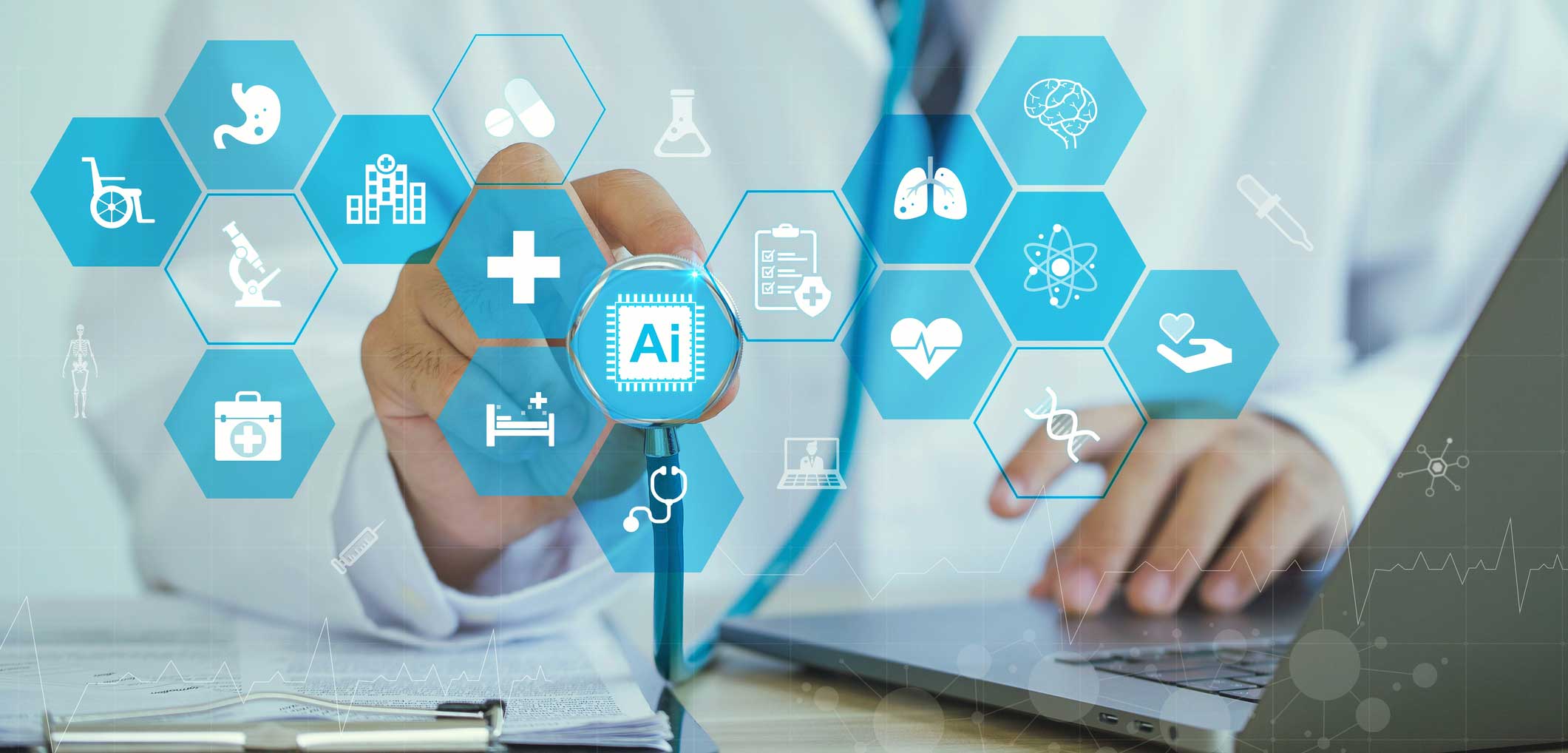 Medical technology, Doctors with stethoscopes, and Ai icon medical AI technology is utilized by doctors for diagnosing increasing the accuracy of patient treatments. Future of Healthcare.