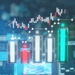 Chipset and candlestick chart for semiconductor investment, 3d rendering