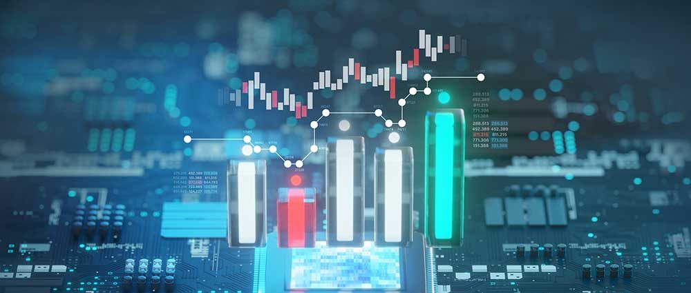 Chipset and candlestick chart for semiconductor investment, 3d rendering