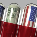 Detailed 3D rendering of US dollars and flags inside of medication capsules.