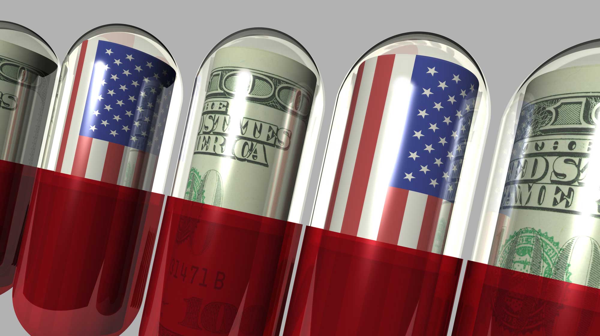 Detailed 3D rendering of US dollars and flags inside of medication capsules.