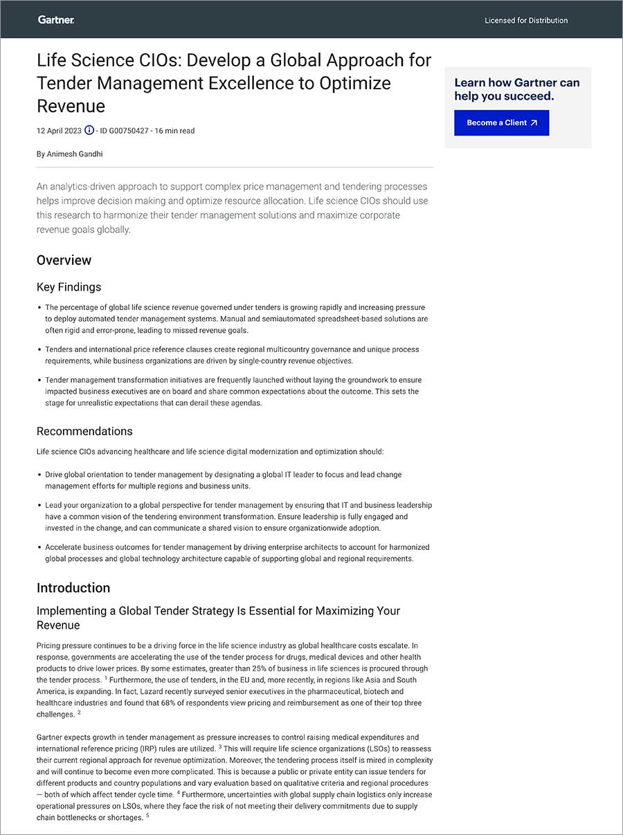 Gartner report for Life Science CIOs, Develop a Global Approach for Tender Management Excellence