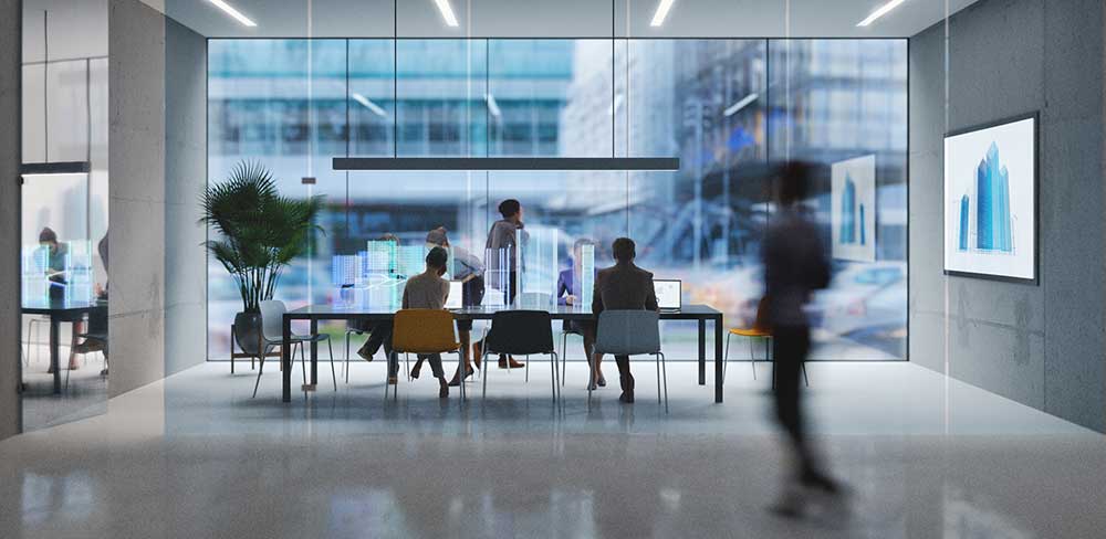 Group of people working in a modern board room with augmented reality interface, all objects in the scene are 3D