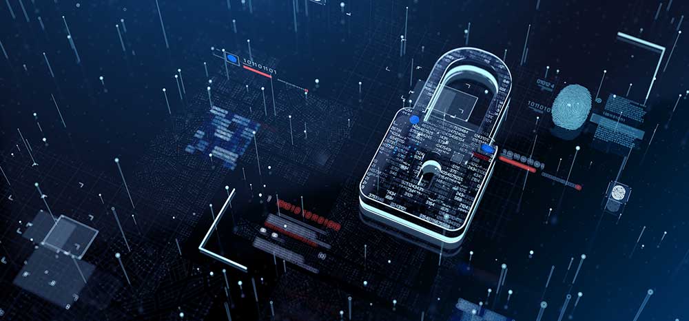 Digital generated image of electronic circuit security padlock made out of numbers on black background.