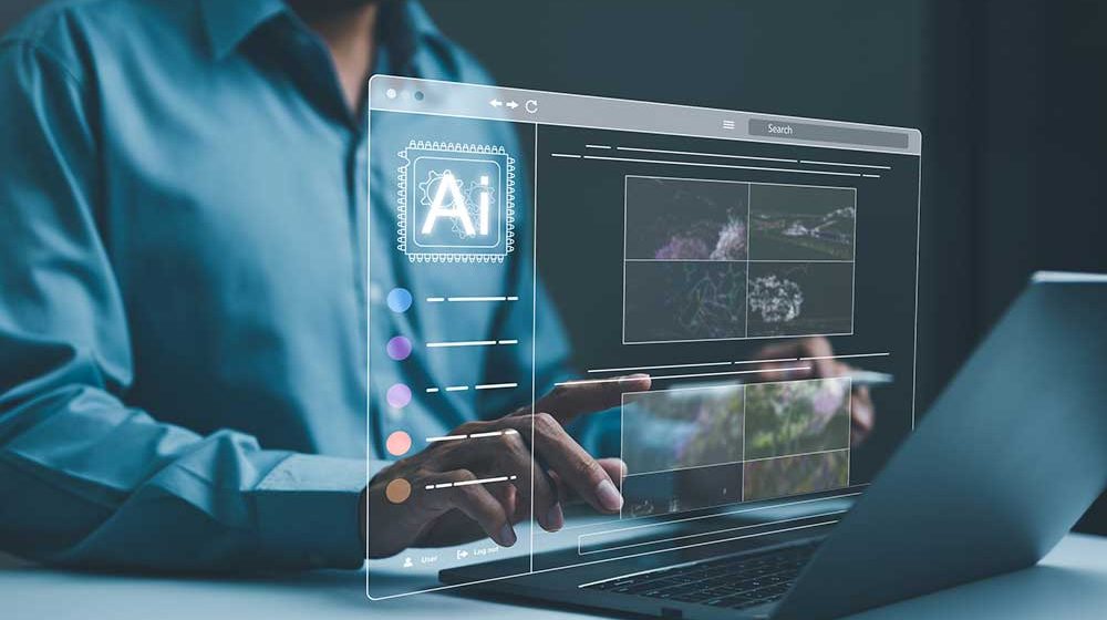 AI image creation technology. Man use AI software on a laptop to generate images, showcasing a futuristic user interface. screen with visual prompt. Image generated by artificial intelligence. photo,